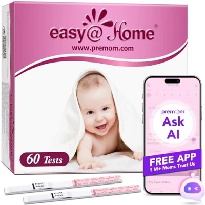 Afbeelding van Vroege zwangerschapsteststrips: Easy@Home 60 HCG tests van 10 mIU/ml, nauwkeurige en betrouwbare detectie met de gratis PREMOM applicatie voor vruchtbaarheidsmonitoring