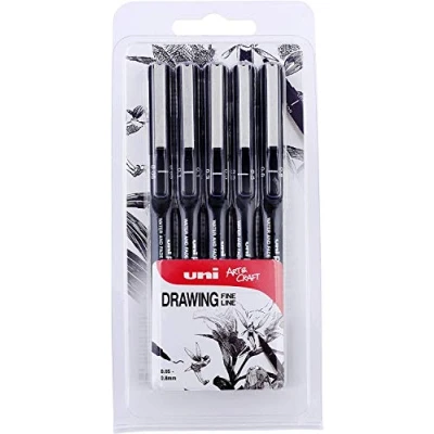 Afbeelding van uni ball PIN 153486623 5 delige fijne liner tekenpen, waterbestendige en lichtbestendige zwarte inkt, veermaten (0,1, 0,2, 0,3, 0,5 0,8)