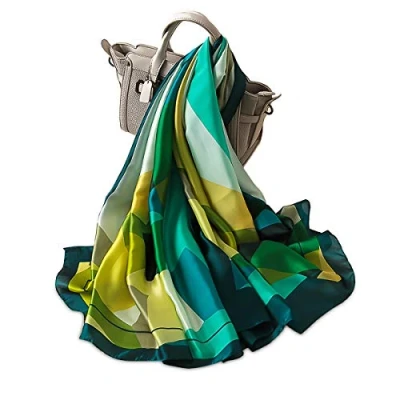 Afbeelding van LumiSyne zijden sjaal dames warm zacht doek herfst winter retro bedrukt geometrisch strepenpatroon lange halsdoeken zonnebescherming stola het hele jaar door, groen geometrisch, One