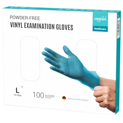 Afbeelding van EUROPAPA® 100 x vinylhandschoenen, wegwerphandschoenen, onderzoekshandschoenen, latexvrij, poedervrij, vinyl handschoenen verkrijgbaar in de maten S, M, L en XL (blauw, L)