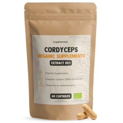 Afbeelding van Cupplement Cordyceps Extract Capsules 60 Stuks 20:1 Biologisch 400 MG Per Capsule Geen Poeder Supplement Superfood Mushroom Paddenstoel Militaris, Sinensis Foodsporen