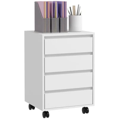 Afbeelding van HOMCOM Bureaukast, opbergbox op wielen, 4 schuifladen, MDF, houtlook, wit