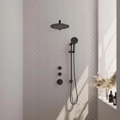 Afbeelding van Brauer Black carving Regendoucheset inbouw hoofddouche 30cm 3 knoppen rechte wandarm glijstang handdouche Rond standen mat zwart