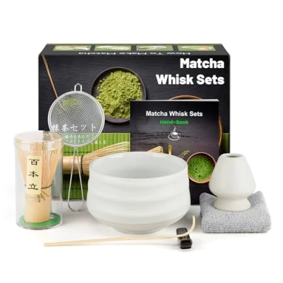 Afbeelding van matcha Set, Ensemble de Fouet à Matcha, Japanse theeset met bezem, schaal en bezemhouder van keramiek, lepel, zeef, theedoek, accessoires (7 delig), grijs/wit