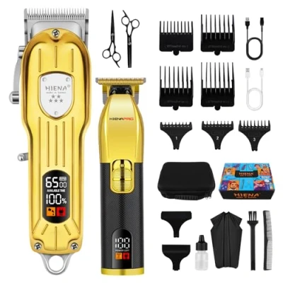 Afbeelding van HIENA PRO Professionele tondeuse set voor mannen, kappersset het knippen van haar, draadloze oplaadbare en trimmerset, haarknipset met LED display, USB, geschenken goudzwart
