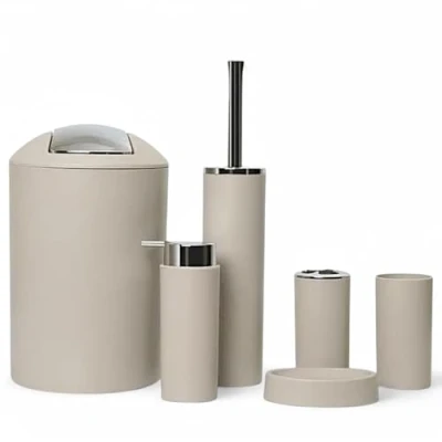 Afbeelding van GMMH Badset, 6 delig, diverse badkameraccessoires, met zeepdispenser en wc borstel (beige ontwerp 2a)