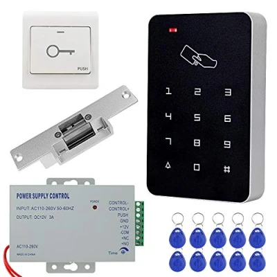 Afbeelding van KDL Complete RFID toegangscontrolesysteemkit met stand along toetsenbord en sluiter, DC12V/3A voeding, deuruitgangsknop, 10 sleutellabels