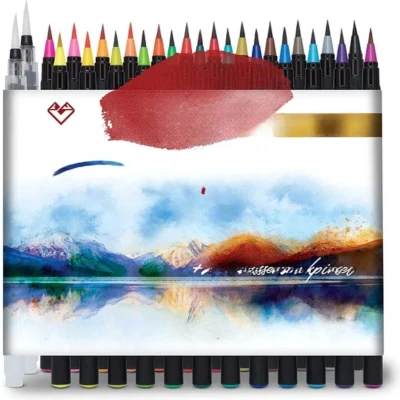 Afbeelding van Pennen, premium set, 24 aquarelverf + 2 watertankpennen, pen met flexibele penzegel voor aquarel, handlettering, bullet journal, kalligrafie