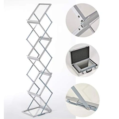 Afbeelding van DISPLAY SALES brochurehouder opvouwbaar zilver staand formaat folderrek 6 x DIN A4 van aluminium/acryl folderstandaard incl. aluminium draagkoffer