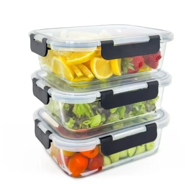 Afbeelding van Meal Prep Box 3 delige set met deksel, glazen vershouddozen, luchtdicht, BPA vrij, hittebestendig, geschikt voor magnetron, oven, vriezer en vaatwasser, voorraaddoos eten, x 1040 ml