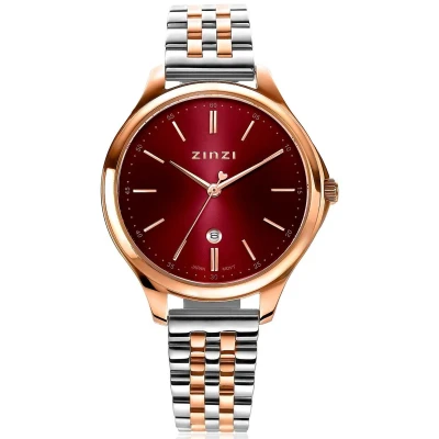 Afbeelding van ZINZI Classy horloge 34mm donkerrode wijzerplaat roségoudkleurige stalen kast en bicolor band, datum ziw1038