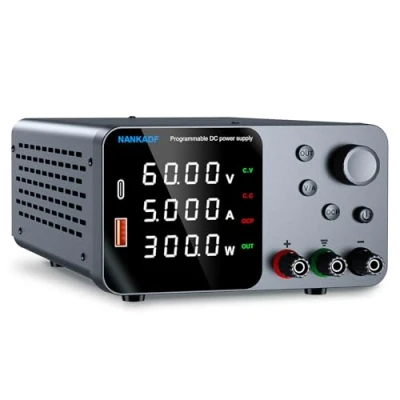 Afbeelding van DC voeding verstelbare 60V 5A, laboratoriumbankvoeding met encoderknop en USB A/Type c snellaadinterface, 4 cijferige hoge precisie LED display, variabele schakeling gereguleerde