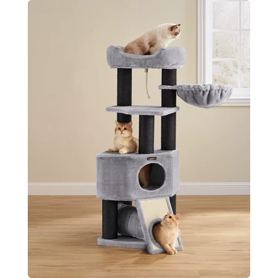 Afbeelding van FEANDREA krabpaal, kattenboom groot, met pluizige uitkijkplatform, bank en knuffelgrot, kattentoren, extra dikke stammen volledig omwikkeld zwart sisal, stabiel, lichtgrijs PCT02W