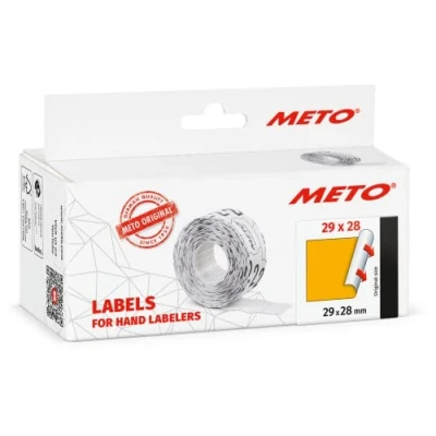 Afbeelding van METO etiketten voor etiketteerapparaat (29x28 mm, 2 regelig, 3500 stuks, permanent hechtend, METO, Contact, Sato, Avery, Tovel, Samark etc.), 5 rollen, fluor oranje