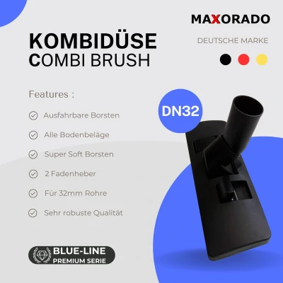Afbeelding van Maxorado Stofzuiger borstel 32mm vloerzuigmond DN32 combizuigmond geschikt voor AEG, Electrolux, Philips en meer reserveonderdeel universeel BlueLine combi opzetstuk