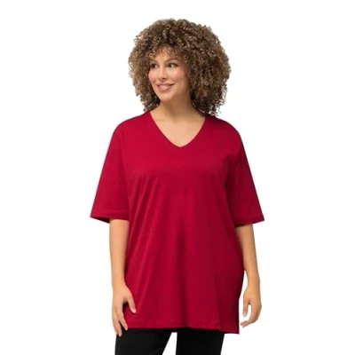 Afbeelding van Ulla Popken Basic T shirt voor dames, V hals, relaxed, korte mouwen, papaver, 46/48 NL