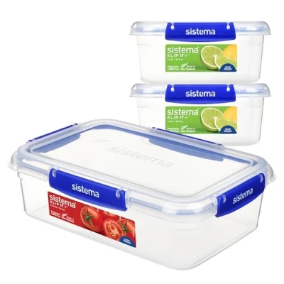 Afbeelding van SISTEMA KLIP IT PLUS Lekvrije voedselopslagcontainers 2 x 1 l &amp; 2,2 Luchtdichte, stapelbare en nestbare maaltijdbereidingscontainers met deksels Schoollunchdozen BPA vrij 3 stuks