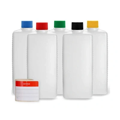 Afbeelding van Octopus 5 x 500 ml plastic flessen, HDPE flessen met kleurrijke schroefsluitingen, lege gekleurde schroefdeksels, vierkante incl. beschrijfbare etiketten