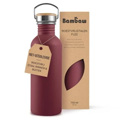 Afbeelding van Bambaw 750ml Metalen Waterfles, Herbruikbare Duurzame Drinkfles, Eco Plasticvrij en Lekvrije Roestvrijstalen Waterfles BPA Vrij Bessenrood