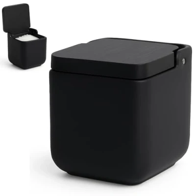 Afbeelding van KOOK TIME zoutpot van keramiek met klapdeksel milieuvriendelijke bamboe, praktische en zoutcontainer voor de keuken, zoutvat deksel (alles zwart, zoutblik)