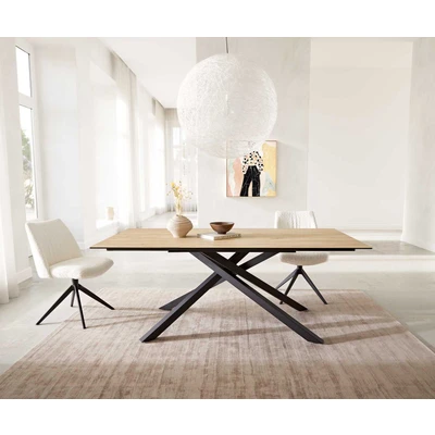Afbeelding van Eetkamertafel Edge keramiek Laminam® Sabbia eiken kleur 200x100 kruisframe rechthoek zwart