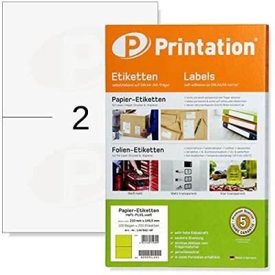 Afbeelding van Printation 210 x 148,5 mm A5 Power etiketten Haft PLUS sterk klevend bedrukbaar, 100 vel DIN A4 200 210x148,5 1x2 universele klevende wit adres stickers/labels DHL Paket verzendetiketten