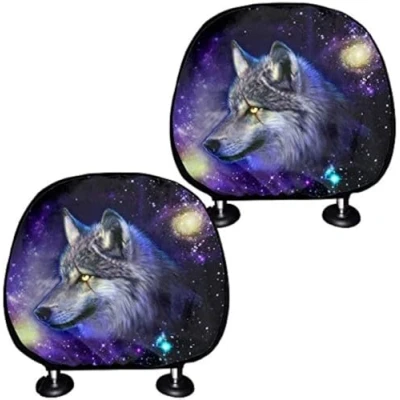 Afbeelding van COEQINE Wolf Printed Car Seat Hoofdsteun Cover, Stofdichte Covers Auto Accessoires Universele Fit voor Auto&#039;s, SUV Vrachtwagens, 2 Stuk