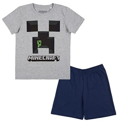 Afbeelding van Minecraft Kids Creeper pyjama voor heren, grijs gemêleerd/wit, booswicht, fanmerch, gaming, grijs, 140