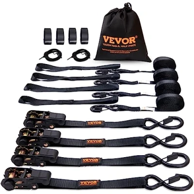 Afbeelding van VEVOR Set van 4 spanbanden, 0,025 x 4,6 m, sjorband, 998 kg, polyester riem, koolstofstaal, haken, bevestigingsriem, ratelspanriem, ideaal voor motorfietsen, fietsen, kajaks, UTV, boten ATV