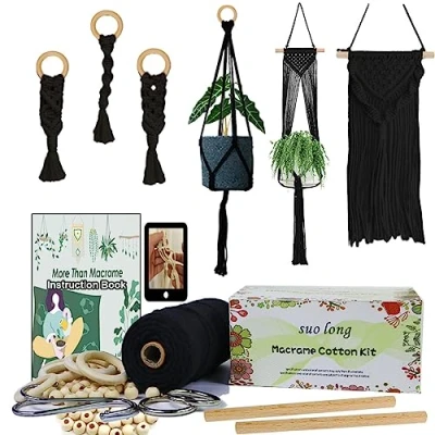 Afbeelding van suo long Macraméset voor volwassenen, macramékit, geschikt het maken van plantenhangers, met houten kralen, macraméringen, metalen ringen, koorden, zwart, 3 mm, 100 m, zwart macramékoord