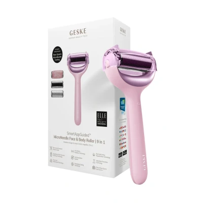 Afbeelding van GESKE SmartAppGuided™ MicroNeedle Face &amp; Body Roller 9 in 1 rozenkwarts Elektrische dermaroller Microneedling apparaat Schoonheidsroller voor gezicht en lichaam