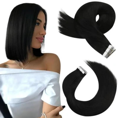 Afbeelding van Moresoo Tape in Haarextensies Menselijk Haar Natuurlijk Zwart Echt Extensies 35 cm 20 Stuks/40g #1B