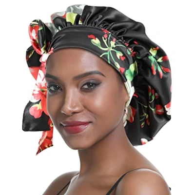 Afbeelding van SENGTERM Satijnen slaapmuts dubbellaags elastisch satijn bonnet ravijlmuts brede zijdeachtige band voor zwarte vrouwen met lang en krullend haar, black flower, L/XL