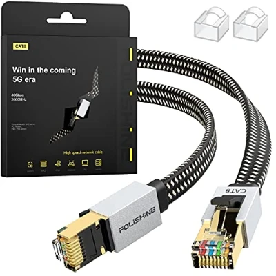 Afbeelding van Folishine Cat8 3M Ethernet kabel LAN patchkabel High Speed nylon gevlochten platte RJ45 40Gbps 2000Mhz voor modem/router/switch, sneller dan Cat5e/Cat6/Cat7