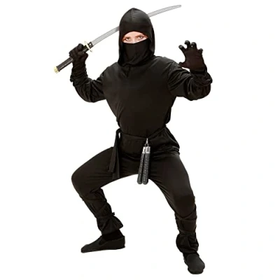 Afbeelding van Widmann Ninja kostuum voor kinderen, jas met kap, broek, riem, masker, arm en beenbanden, themafeest, carnaval