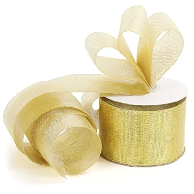 Afbeelding van Belle Vous Gouden Organza Kerst Glitter Lint Spoel 23 m Lang Rol, 55 mm Breed Glitterdraad Kerstboomlint voor Geschenkverpakken, Hobby &amp; Feestdecoraties