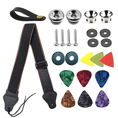 Afbeelding van BetterJonny gitaarband, van katoen, verstelbare gitaarband met lederen plectrum, knopen, gitaarhals, riem voor elektrische gitaar, westerngitaar, akoestische basgitaar, 17 stuks