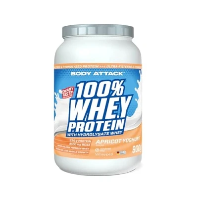 Afbeelding van Body Attack 100% Whey Proteïne, abrikoos yoghurt, 900 g, Made in Germany, extra romig eiwitpoeder met hydrolysaat en BCAA, ondersteunt spieropbouw diëten, voor sporters atleten