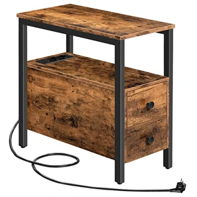 Afbeelding van HOOBRO Bijzettafel met laadstation, bank tafel 2 laden en USB poort stopcontact, nachtkastje voor kleine ruimtes, stabiel robuust, woonkamer, slaapkamer, donkerbruin EBF542BZ01