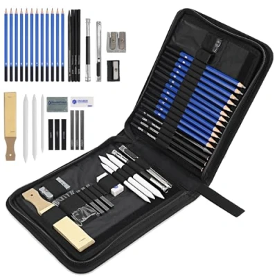 Afbeelding van Lrocotanc Professionele tekenset, 33 delig, complete set met tas, potloden, houtskoolstiften, accessoires voor kunstenaars, studenten, leraren, beginners