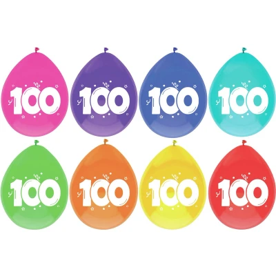Afbeelding van Ballonnen 100 jaar frisse kleuren 8 stuks