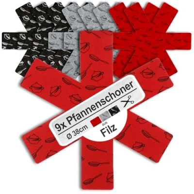 Afbeelding van COM FOUR® 9x pannenbeschermer van vilt ter bescherming tegen krassen pannenbeschermmat ook voor potten en schalen (09 stuks grijs/rood/zwart)