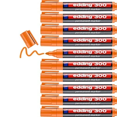 Afbeelding van edding 300 permanent marker oranje 10 stiften ronde punt 1,5 3 mm watervast, sneldrogend wrijfvast voor karton, kunststof, hout, metaal, glas