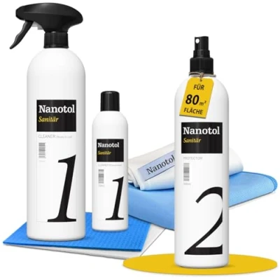 Afbeelding van Professionele badverzegelingsset met lotuseffect, nano verzegeling, nanotol sanitaire set cleaner &amp; Protector + microvezeldoeken voor bescherming tegen kalk douchecabine, keramiek, tegels &quot;L&quot; 80 m²