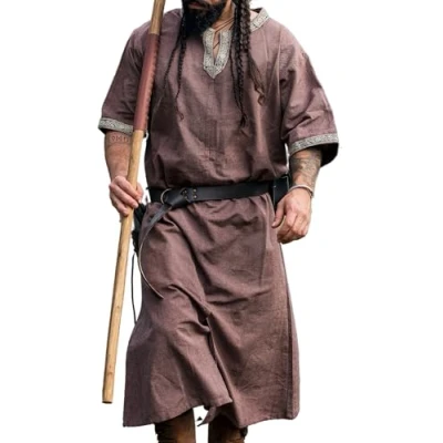 Afbeelding van Leonardo Carbone® Richard Tuniek met korte mouwen, middeleeuwse kleding voor heren, middeleeuws hemd, vrijetijdshemden, carnavalskostuum Viking tuniek, LARP 100% katoen,
