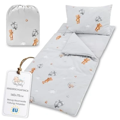 Afbeelding van Slaapzak kinderen met kussen en ritssluiting voor baby 3 7 jaar 140 x 75 cm kinderslaapzak binnen kinderdagverblijf kleuterschool dekenslaapzak Teddyberen