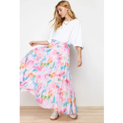 Afbeelding van Trendyol Groene Geplooide Geweven Rok Met Bloemenpatroon En Elastische Taille Tctss23Ee00018