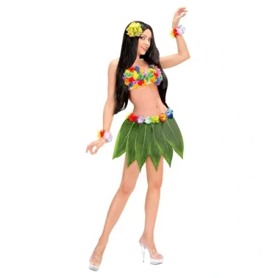 Afbeelding van Widmann Hawaii &amp; Carribean Tropisch Kostuum Hawaiiaanse Bananenbladrok Met Bloemenriem Vrouw Groen One Size Carnavalskleding Verkleedkleding