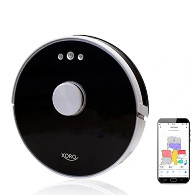 Afbeelding van XORO HSR 200 Krachtige WLAN robotstofzuiger (dweilfunctie, lasernavigatie, app besturing en spraakbesturing Alexa/Google Home, HEPA filter, real time kaart, 30 W, 65 dB) zwart, zwart/wit