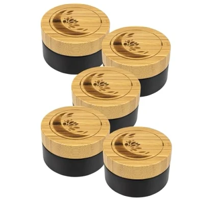 Afbeelding van Wachsmann Hoogwaardige glazen potten met bamboedeksel, zwart, voor duurzame doe het zelf natuurlijke cosmetica, geschenkverpakking, reishouder zalven en lotions, 100 ml gegraveerd, 5 stuks